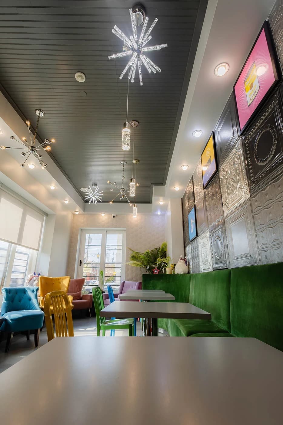 Tables and seating inside the cafe